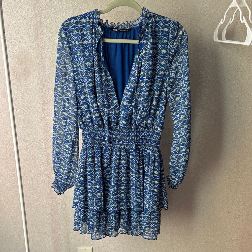 Zara Blue Printed Smocked-Waist Long Sleeve Mini Dress